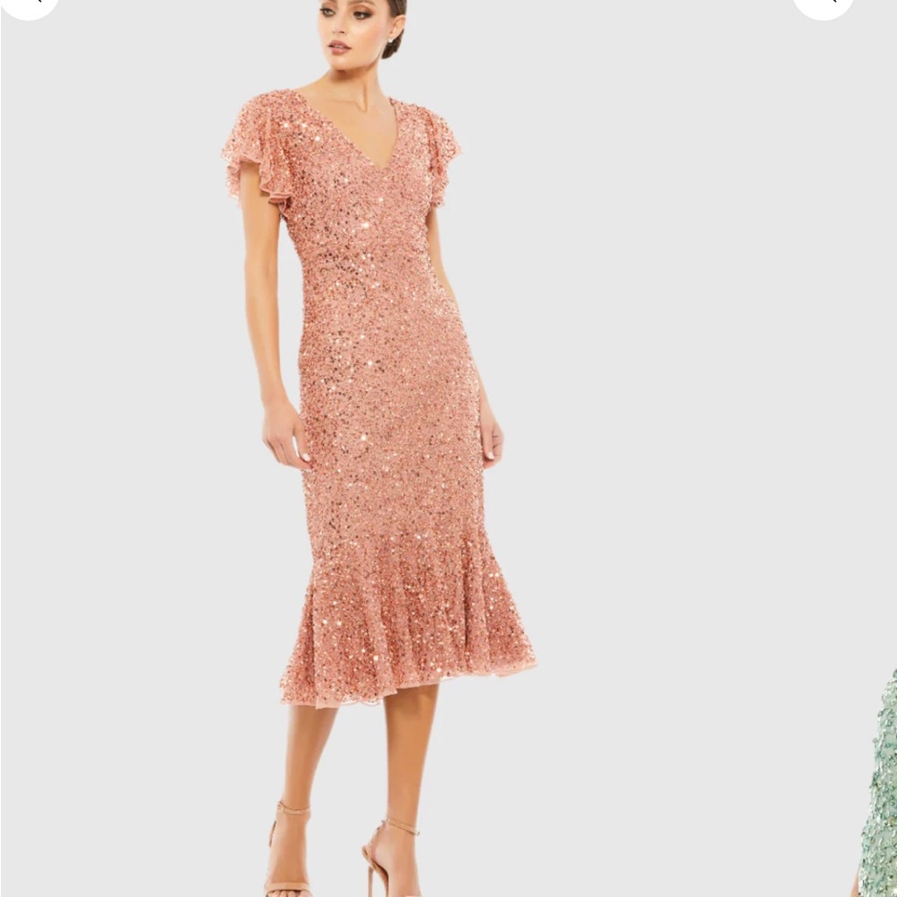 MAC DUGGAL SZ 2 SEQUENCED V NECK FLUTTER SLEEVE DRESS NWT ROSE GOLD